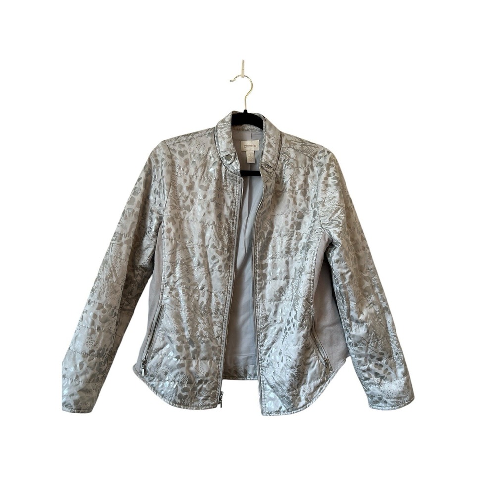 Chico's Gray Metallic Animal Print Puffer Lightweight Zip Jacket Women's Sz 1